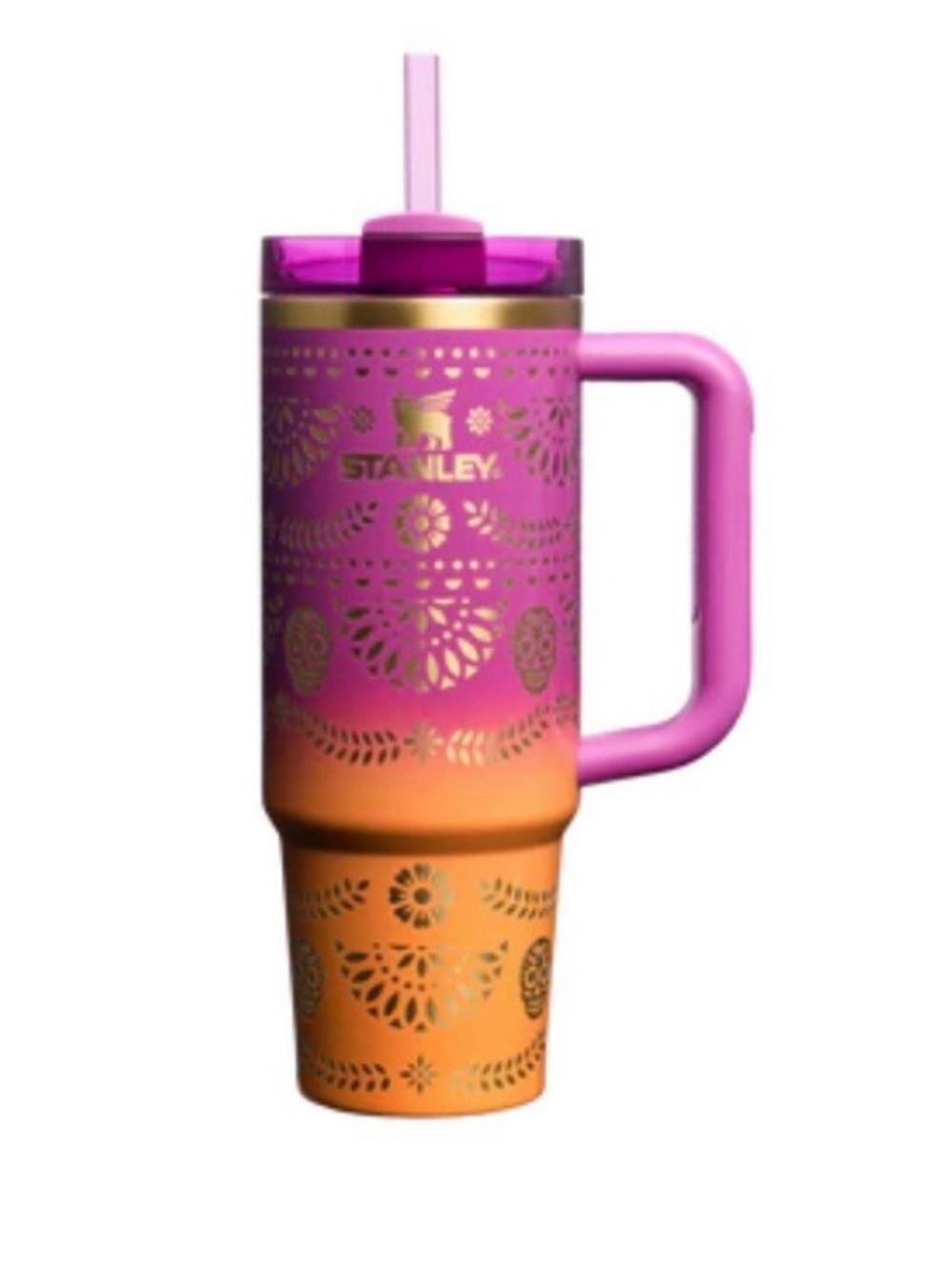 Stanley 40oz pink to orange ombre Dia de los Muertos Travel Tumbler foil custom